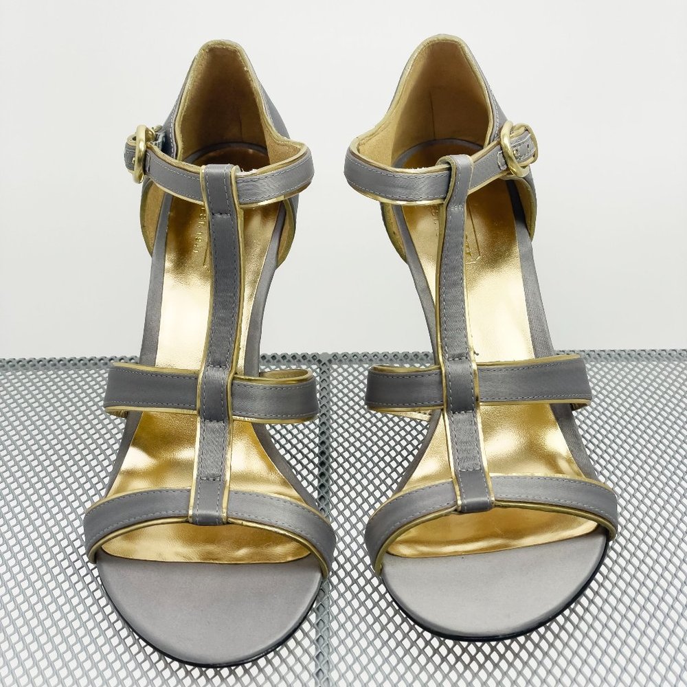 Coach Trixy Wedge Heel Sandal Gray Satin and Gold Trim Size 7